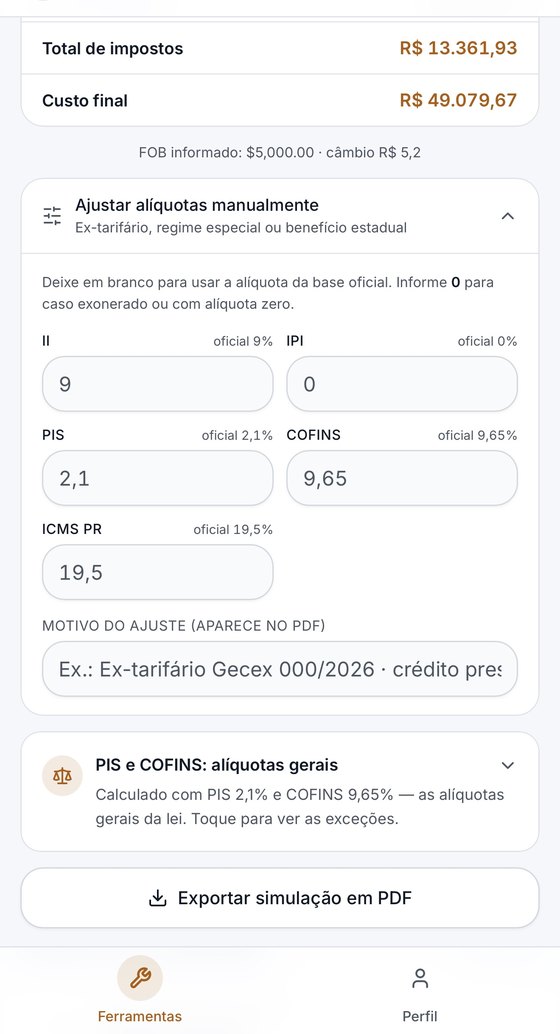 Painel de ajuste manual de alíquotas para ex-tarifário, regime especial ou benefício estadual, com campos de imposto de importação, IPI, PIS, COFINS e ICMS e botão de exportar a simulação em PDF.