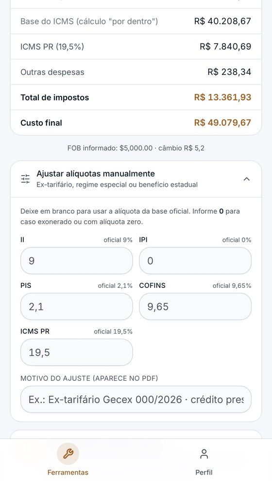 Detalhe da tabela de impostos mostrando COFINS, base do ICMS calculada por dentro em R$ 40.208,67, ICMS do Paraná a 19,5 por cento e total de impostos de R$ 13.361,93.